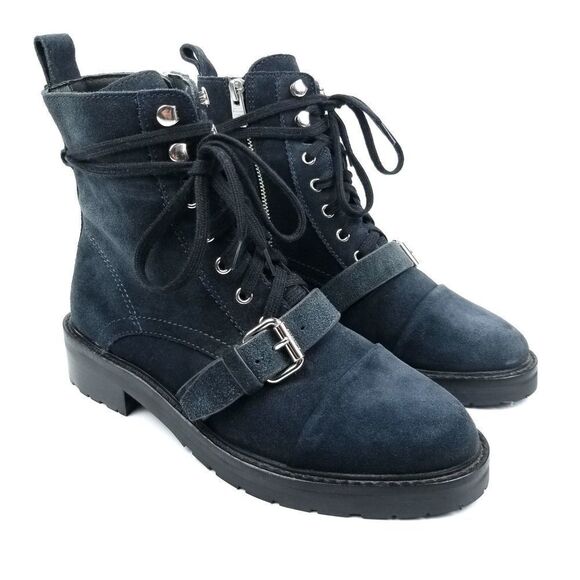 AllSaints Donita Blue Suede Leather Biker Strap Combat Boots 7 90s Moto Grunge - Picture 4 of 13
